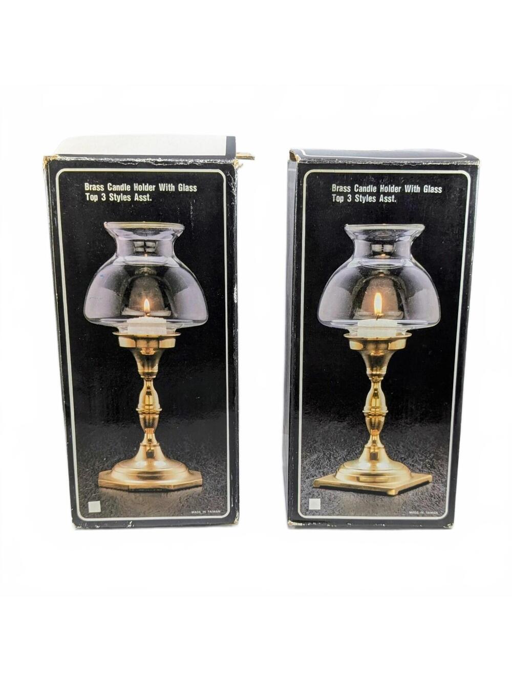 Vtg Brass Candle Holders w/ Glass Top 9.5" with Box - Set of 2
